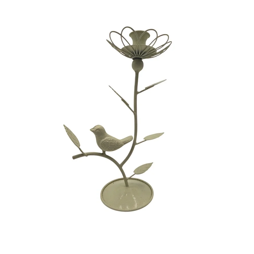 Cream Metal Bird and Flower Taper Candle Holder Rustic Farmhouse Decor